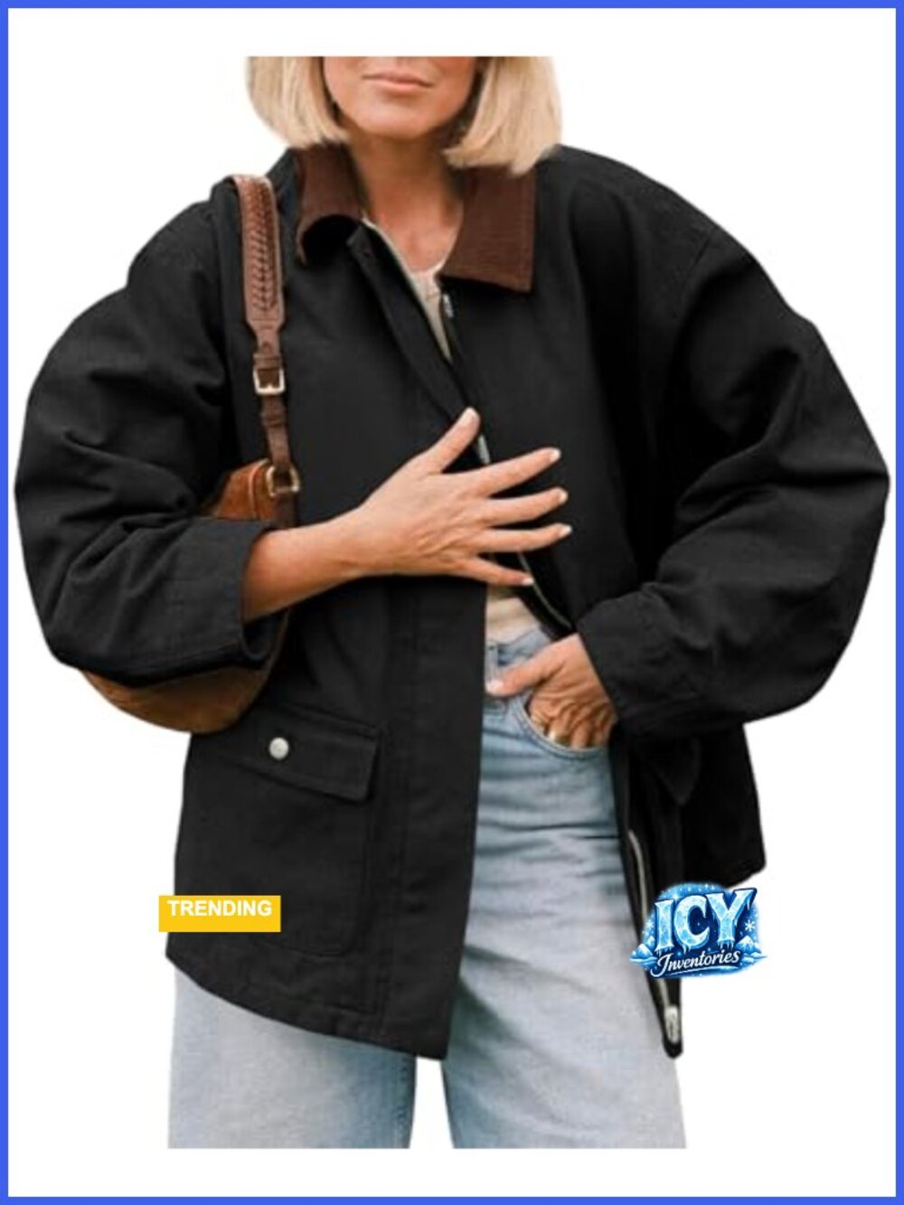 Oversized Cotton Utility Jacket Corduroy Collar Trench Coat Pockets